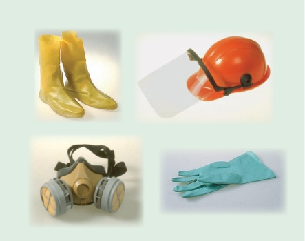 image of protective boots, helmet, mask and gloves