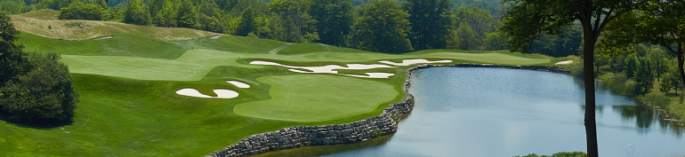 Vue sur des verts de golf et un étang